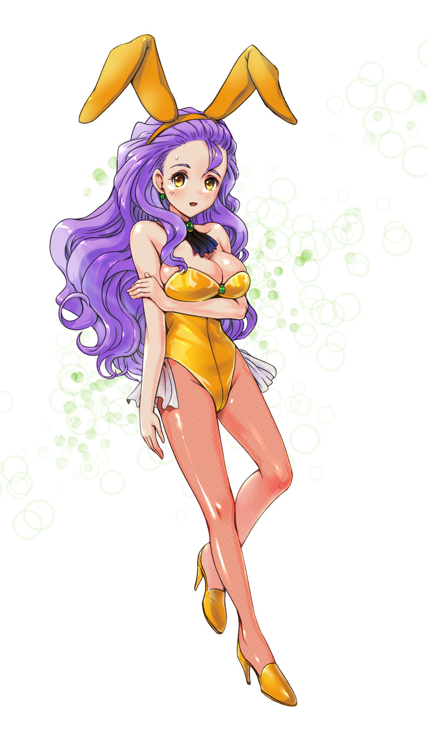 animal_ears blush breast_hold breasts cleavage detached_collar earrings fake_animal_ears female full_body high_heels highres jewelry leotard lisa_(princess_maker) long_hair looking_at_viewer pantyhose playboy_bunny princess_maker_(series) princess_maker_3 purple_hair rabbit_ears simple_background smile solo standing strapless strapless_leotard sweatdrop timlee_(ljw00) very_long_hair white_background yellow_eyes yellow_footwear