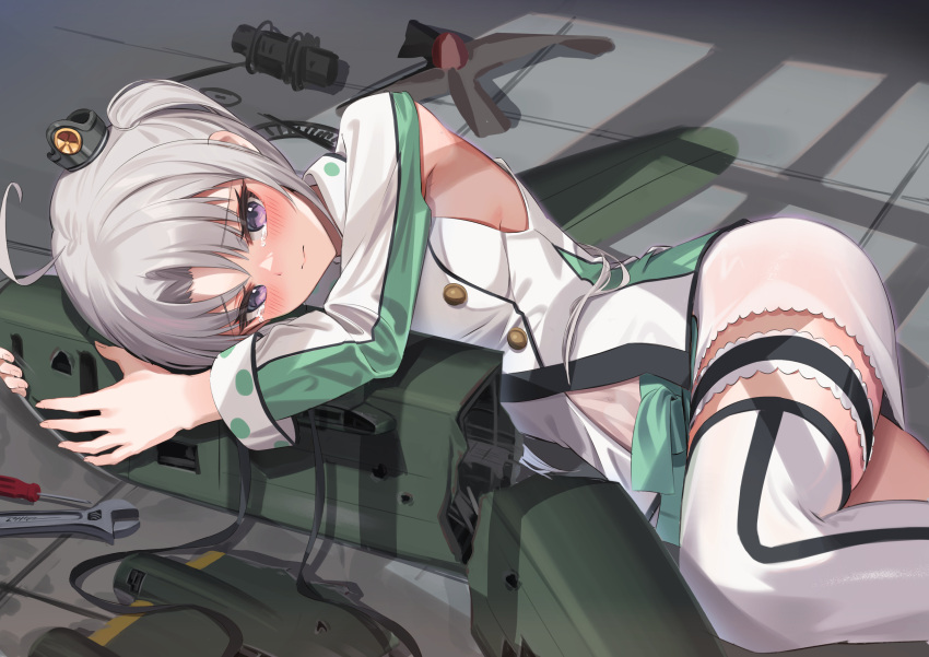 absurdres ahoge aircraft airplane akitsushima_(kancolle) armpit_cutout breasts clothing_cutout female flying_boat grey_hair h8k hat highres kantai_collection kokenashi long_hair long_sleeves lying mini_hat miniskirt on_side purple_eyes side_ponytail sidelocks skirt solo tearing_up thighhighs white_skirt white_thighhighs zettai_ryouiki