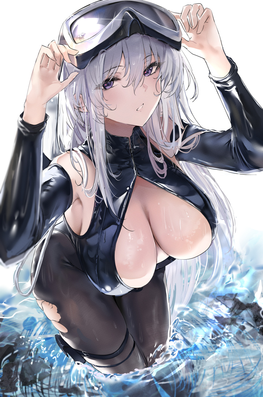 absurdres azur_lane bare_shoulders black_leotard blush breasts brown_pantyhose cleavage cleavage_cutout clothing_cutout detached_sleeves diving_mask diving_mask_on_head english_commentary enterprise_(azur_lane) enterprise_(diving_under_blue_skies)_(azur_lane) female goggles goggles_on_head grey_hair hair_between_eyes highres large_breasts leotard liaowen long_hair long_sleeves looking_at_viewer pantyhose purple_eyes solo thigh_strap thighs wading water wet