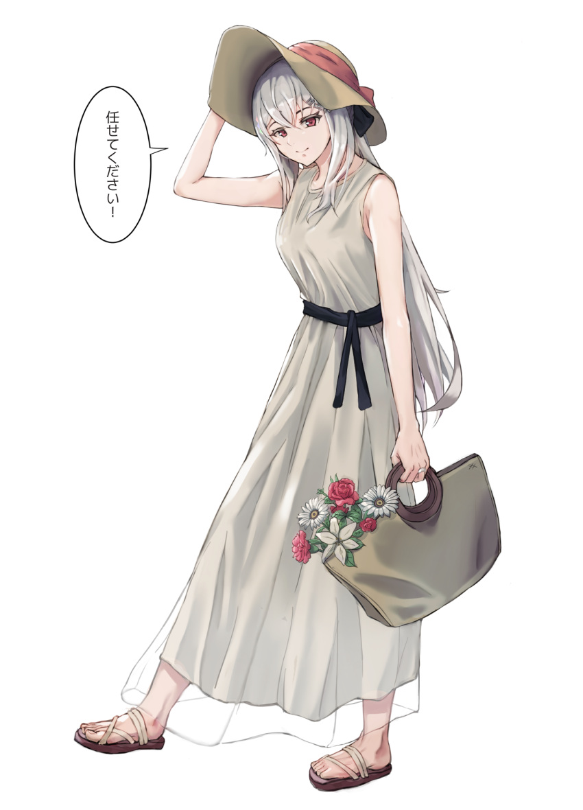 bag belt bow breasts commentary dress female flower girls'_frontline grey_dress hair_ribbon hairbow hand_on_headwear hat hat_ribbon highres iws_2000_(girls'_frontline) jewelry long_hair looking_at_viewer necklace niac red_eyes ribbon ring ring_necklace sandals slippers small_breasts smile solo speech_bubble sun_hat translated wedding_ring white_background white_dress white_hair