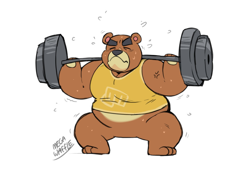 2020 animal_crossing anthro barbell bear bodily_fluids brown_body brown_fur closed_eyes clothing exercise fur hi_res male mammal megawaffle_(artist) nintendo overweight overweight_anthro overweight_male shirt simple_background solo sweat teddy_(animal_crossing) topwear weightlifting white_background workout