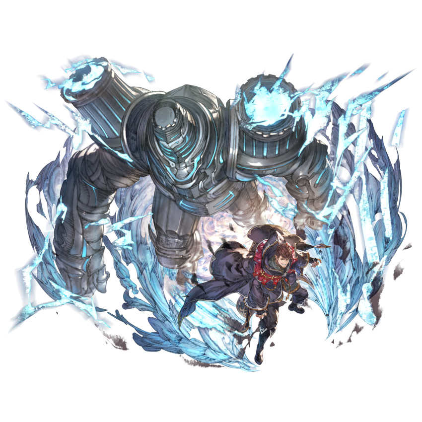 1boy armor boots brown_eyes brown_hair cape ear_piercing earrings energy fingerless_gloves gloves granblue_fantasy jewelry lobelia_(granblue_fantasy) long_sleeves looking_at_viewer male_focus official_art pendant piercing solo the_tower_(granblue_fantasy) transparent_background