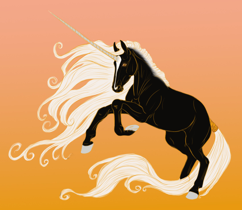 2023 alisian ambiguous_gender black_body calima digital_media_(artwork) equid equine facial_markings female_(lore) feral hair head_markings hi_res hooves horn long_hair long_horn long_mane long_tail looking_at_viewer mammal mane markings mythological_creature mythological_equine mythology on_hind_legs orange_eyes simple_background solo tail tail_wraps unicorn white_hair white_mane white_tail wraps