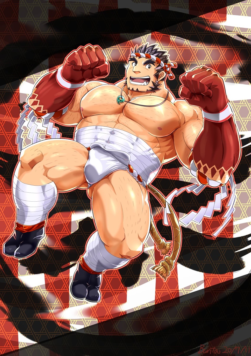 1boy abs arm_hair bandages bara bare_pectorals black_flower black_hair blush bulge bunta_ru chest_hair facial_hair flower forked_eyebrows full_body fundoshi goatee hachimaki hairy happi headband highres japanese_clothes jewelry large_pectorals leg_hair long_sideburns magatama magatama_necklace male_focus male_underwear midriff_sarashi muscular muscular_male navel navel_hair necklace nejiri_hachimaki nipples pectorals sarashi short_hair sideburns smile solo stubble tajikarao_(housamo) thick_eyebrows thick_thighs thighs tokyo_afterschool_summoners tusks underwear white_male_underwear