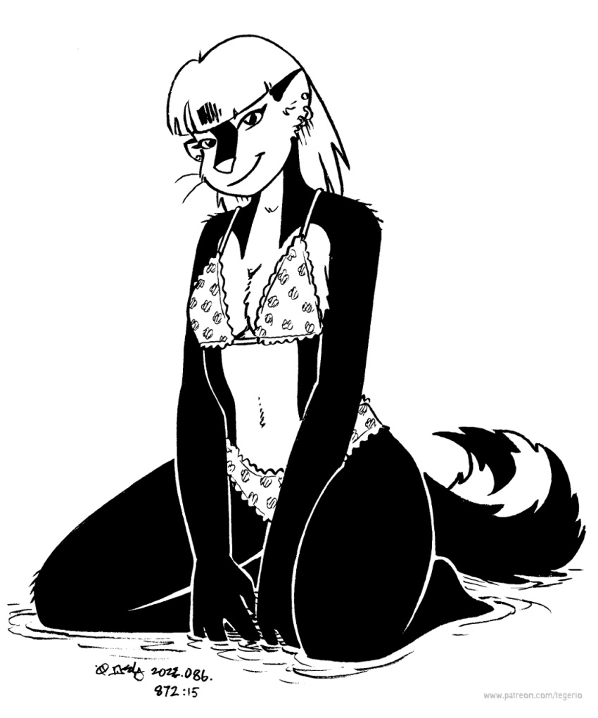 2022 anthro bikini black_and_white breasts clothing ear_piercing ear_ring female fur hair hi_res kelly_o'dor looking_at_viewer mammal mephitid monochrome partially_submerged piercing ring_piercing skunk solo swimwear tegerio whiskers zandar's_saga