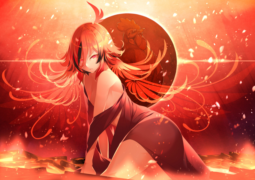 ahoge animare bare_shoulders bathing bird breasts chicken cloak cowboy_shot dress female fire hair_between_eyes hair_wings highres kazami_kuku kokka_han lava lava_bath light_particles looking_at_viewer male_chicken medium_hair nanashi_inc. off_shoulder parted_lips red_background red_dress red_eyes red_hair red_theme solo virtual_youtuber