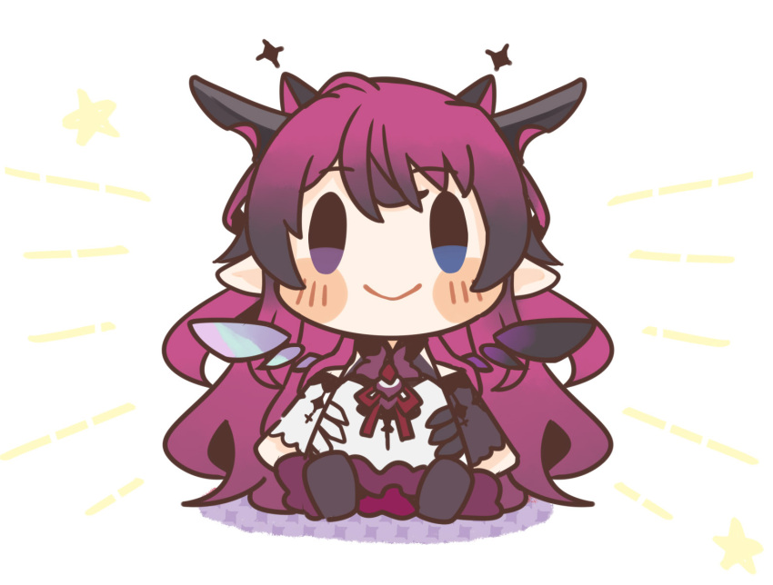 asymmetrical_wings black_hair blue_eyes blush_stickers chibi commentary_request detached_wings female gradient_hair heterochromia highres hololive hololive_english horns irys_(hololive) irys_(irys_1.0)_(hololive) long_hair looking_away multicolored_hair pointy_ears purple_eyes purple_hair same_anko simple_background sitting smile solo stuffed_toy very_long_hair virtual_youtuber white_background wings