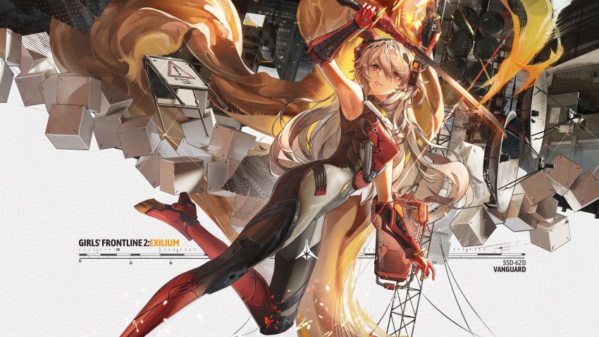 absurdres animal_ears body_armor charolic_(girls'_frontline_2) fake_animal_ears female gauntlets girls'_frontline girls'_frontline_2:_exilium grey_hair highres holding holding_sword holding_weapon ibara_dance leotard long_hair mechanical_ears pantyhose rabbit_ears red_eyes solo sword weapon