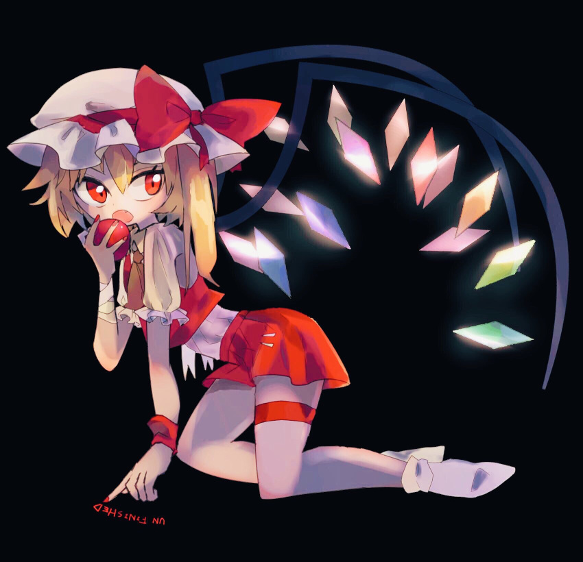 apple ascot black_background blonde_hair bow breasts doryata english_text female flandre_scarlet food frilled_ascot frilled_sleeves frills from_side fruit full_body glowing glowing_wings hair_between_eyes hat hat_bow hat_ribbon highres holding holding_food holding_fruit looking_at_viewer medium_hair miniskirt mob_cap multicolored_wings nail_polish no_shoes one_side_up puffy_short_sleeves puffy_sleeves red_apple red_bow red_eyes red_nails red_ribbon red_skirt red_vest ribbon shirt short_sleeves simple_background skirt small_breasts socks solo touhou unfinished vest white_hat white_shirt white_socks wings yellow_ascot