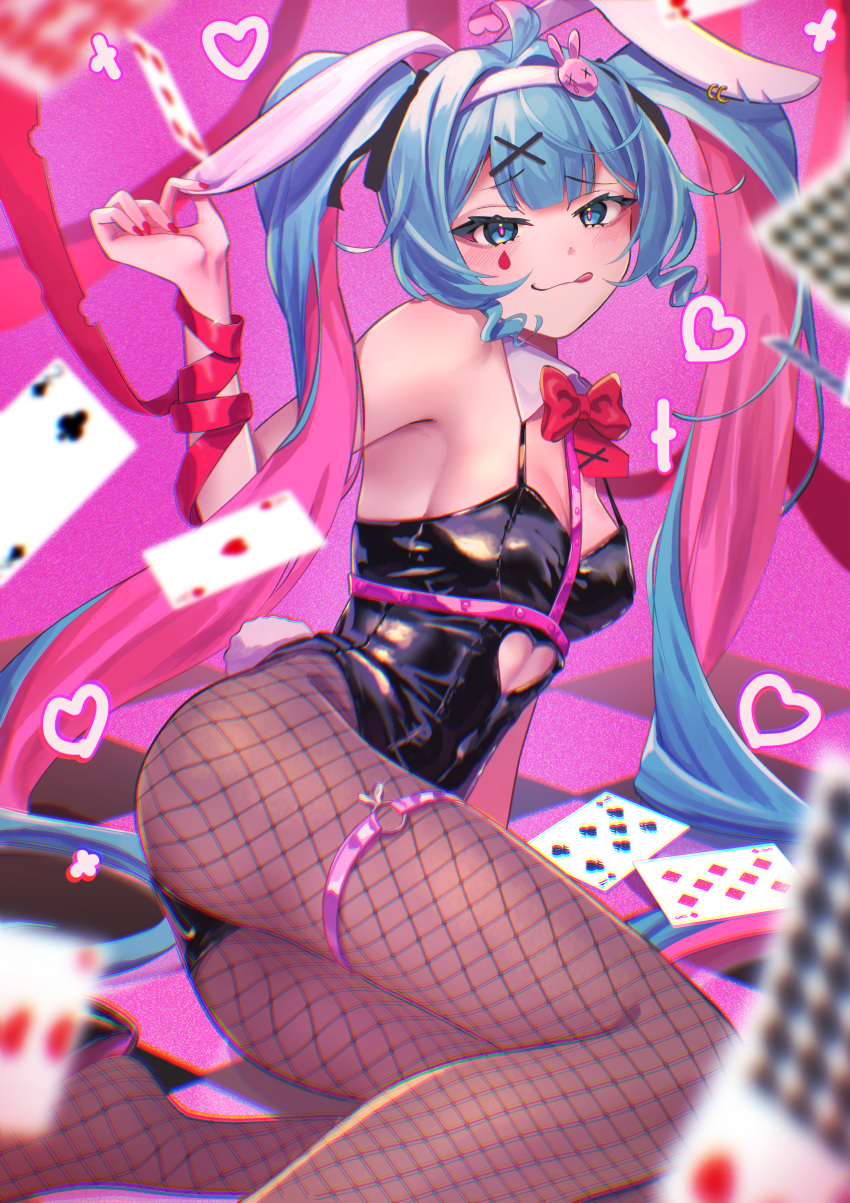 114_usamaro :q absurdres ace_(playing_card) ace_of_hearts animal_ears arm_behind_back arm_ribbon arm_support ass bare_shoulders black_leotard blue_eyes blue_hair blush bow bowtie breasts card cleavage clothing_cutout covered_navel detached_collar ear_fondling eight_of_diamonds_(playing_card) female fishnet_pantyhose fishnets from_above from_side hair_between_eyes hair_ornament hairband hand_up hatsune_miku heart heart_cutout highres legs_folded leotard licking_lips long_hair looking_at_viewer looking_back lying midriff_peek multicolored_hair nail_polish o-ring on_side pantyhose pink_hair playing_card rabbit_ears rabbit_girl rabbit_hair_ornament rabbit_hole_(vocaloid) rabbit_tail red_bow red_bowtie red_nails red_ribbon ribbon seven_of_clubs small_breasts smile solo spaghetti_strap stomach_cutout tail thigh_strap thighs tongue tongue_out twintails two-tone_hair two_of_clubs very_long_hair vocaloid white_hairband x_hair_ornament