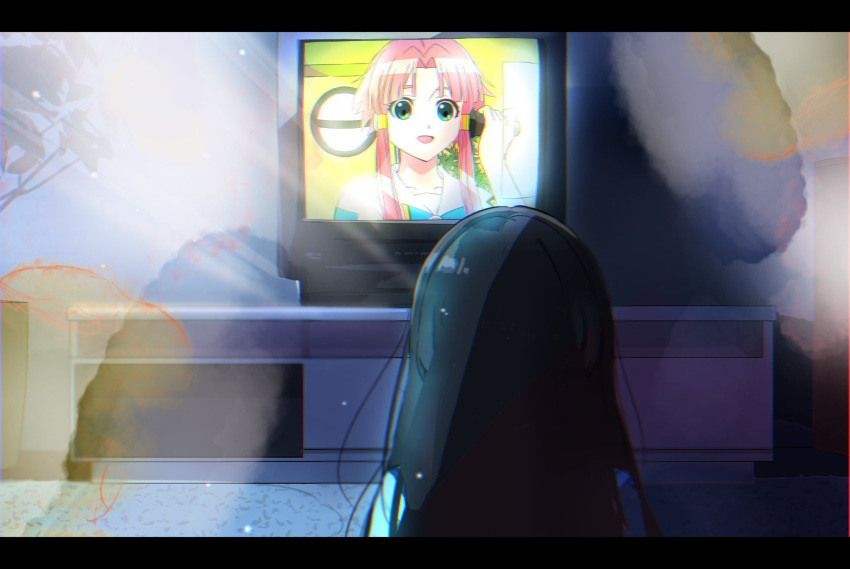 2girls andanden aria_(manga) black_hair commentary_request crt from_behind green_eyes hair_tubes hand_up highres holding indoors letterboxed mizunashi_akari multiple_girls on_ground open_mouth original parted_bangs pink_hair short_hair_with_long_locks sitting upper_body watching_television