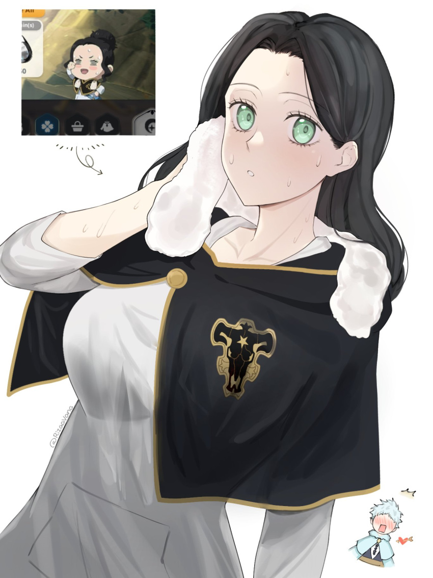 black_bulls_(emblem) black_capelet black_clover black_hair breasts capelet charmy_pappitson drying female green_eyes highres large_breasts long_hair looking_at_viewer reference_inset rizaavana shirt simple_background solo_focus sweat towel towel_around_neck upper_body white_background white_shirt white_towel