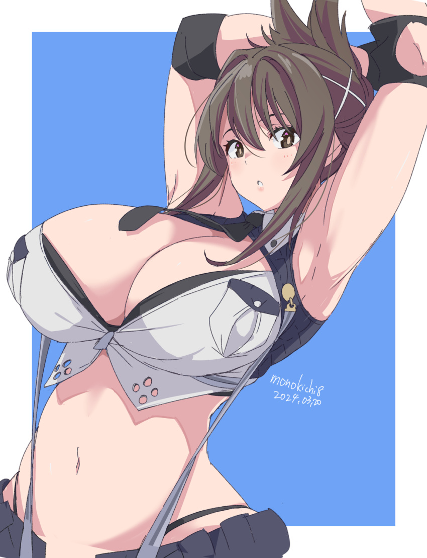 armpits artist_name black_skirt blue_background breasts brown_eyes brown_hair cleavage copyright_request dated female hair_ornament highres kichihachi kisaragi_chitose large_breasts looking_at_viewer medium_hair navel skirt solo super_robot_wars super_robot_wars_v suspenders two-tone_background x_hair_ornament