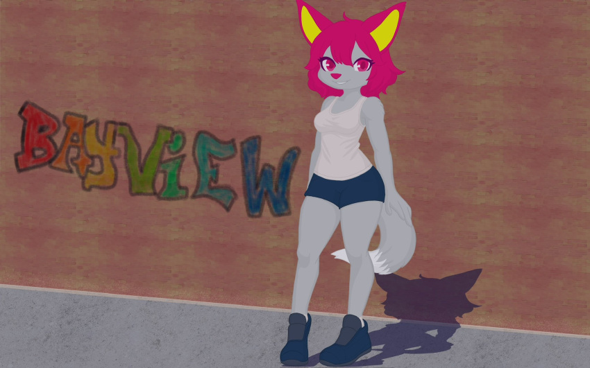 16:10 anthro blue_clothing blue_footwear blue_hotpants blue_shoes blue_sneakers bottomwear brick_wall canid canine clothing concrete_floor female footwear fox fur graffiti graffiti_on_wall grey_body grey_fur grey_tail gure_(thekitsuyt) hair hi_res hotpants mammal pink_eyes pink_hair pink_nose shirt shoes shorts sneakers socks solo standing tail tank_top thekitsuyt topwear wall_(structure) white_body white_clothing white_footwear white_fur white_shirt white_socks white_tail white_tank_top white_topwear widescreen yellow_ear_fluff