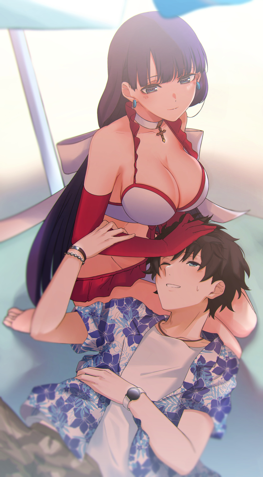 1boy absurdres bare_shoulders beach_umbrella bikini black_hair black_shorts blue_eyes blue_shirt blush breasts choker cleavage collarbone commentary_request commission cross cross_choker earrings elbow_gloves fate/grand_order fate_(series) female floral_print fujimaru_ritsuka_(male) fujimaru_ritsuka_(male)_(tropical_summer) gloves hand_on_another's_head hawaiian_shirt highres jewelry kpaoi lap_pillow large_breasts long_hair martha_(fate) martha_(swimsuit_ruler)_(fate) martha_(swimsuit_ruler)_(third_ascension)_(fate) neck purple_eyes red_gloves red_skirt shirt shorts sitting skeb_commission skirt sweatdrop swimsuit umbrella very_long_hair wariza watch white_bikini white_shirt wristwatch