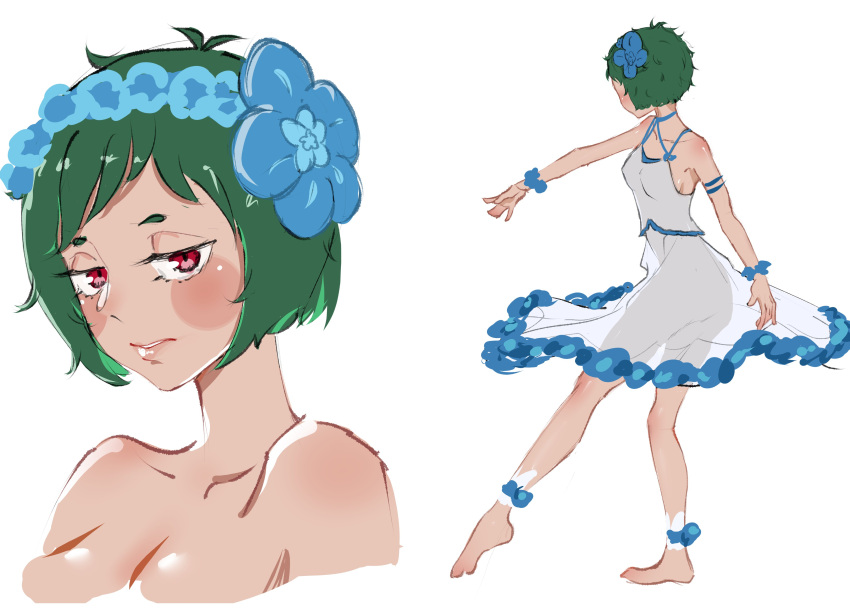 absurdres aged_up babywipes blush_stickers breasts commentary dress english_commentary eyelashes female flower full_body green_hair hair_flower hair_ornament highres looking_at_viewer multiple_views parted_lips re:zero_kara_hajimeru_isekai_seikatsu red_eyes see-through see-through_dress short_hair simple_background standing standing_on_one_leg typhon_(re:zero) white_background white_dress