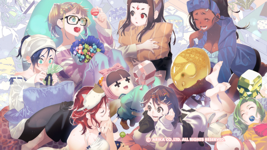 area_(street_fighter) bag barefoot black_hair blair_dame box breasts brown_hair candy casual character_request cleavage closed_mouth dark-skinned_female dark_skin fighting_ex_layer food gift gift_box glasses green_hair hair_ornament hairclip handbag highres hokuto_(street_fighter) knitty_(technictix) lollipop long_hair multiple_girls nanase_(street_fighter) official_art official_wallpaper open_mouth pullum_purna rain_(technictix) sanane shirase_(street_fighter) short_hair sleep_mask smile technictix