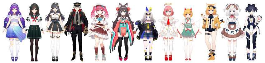 1boy 6+girls :3 absurdres ahoge angel_wings animal_ear_fluff animal_ear_hairband animal_ears animal_hands ankle_socks arm_ribbon asymmetrical_legwear bare_arms bare_shoulders bear_ears bear_hair_ornament belt belt_buckle black_flower black_footwear black_garter black_gloves black_hair black_hairband black_hat black_jacket black_leg_warmers black_leotard black_necktie black_pants black_pantyhose black_ribbon black_rose black_sailor_collar black_shirt black_shorts black_skirt black_thighhighs blue_bow blue_bowtie blue_eyes blue_footwear blue_garter blue_nails blue_ribbon blue_shorts blue_skirt blunt_ends boots bow bowtie bra braid breasts bridal_garter brown_eyes brown_footwear brown_hair brown_hairband brown_skirt brown_socks brown_wrist_cuffs buckle buttons cat_ears closed_mouth clothing_cutout collared_shirt cone_hair_bun cross-laced_clothes cross-laced_dress cross-laced_footwear crossed_belts crown_braid dagger dark_skin denim denim_shorts double_bun dress drill_hair eyepatch eyewear_on_head facial_mark fake_animal_ears fingerless_gloves fingernails fins fishnet_socks fishnets floral_print flower flower_knot food footwear_bow fox_ears frilled_dress frilled_garter frilled_skirt frills full_body fur-trimmed_footwear fur_trim geta gloves grey_dress grey_hair grey_shirt hair_between_eyes hair_bobbles hair_bun hair_flower hair_ornament hair_ribbon hairband hairbow hairclip halo halter_dress halter_shirt halterneck hand_in_pocket hand_up hat hat_bow head_fins headpiece high-waist_skirt high_heel_boots high_heels highres holding holding_dagger holding_food holding_knife holding_weapon jacket jacket_on_shoulders japanese_clothes juliet_sleeves kimono kneehighs knife large_breasts layered_sleeves leg_tattoo leotard long_hair long_sleeves looking_at_viewer mary_janes midriff military_hat miniskirt multiple_girls musical_note musical_note_print nail neckerchief necktie okobo open_clothes open_jacket open_mouth orange_bow orange_flower orange_hair orange_jacket orange_sleeves original pants pantyhose paw_gloves pink_eyes pink_hair plaid plaid_skirt pleated_skirt pointy_ears puffy_sleeves purple_eyes purple_hair red_eyes red_footwear red_jacket red_kimono red_neckerchief red_necktie red_sleeves ribbed_legwear ribbon rose sailor_collar sailor_hat sandals school_uniform serafuku shirt shoes short_dress short_hair short_kimono short_over_long_sleeves short_shorts short_sleeves shorts shoulder_cutout simple_background single_kneehigh single_sock single_thighhigh skirt sleeves_past_fingers sleeves_past_wrists smile sneakers socks star_(symbol) star_hair_ornament star_tattoo straight-on striped_clothes striped_shirt striped_thighhighs studded_belt sunglasses suspenders tabard tail tail_bow tail_ornament tattoo thighhighs tiara torn_leg_warmers twin_drills twintails two-sided_bow two-sided_fabric two-sided_jacket two-tone_bow two_side_up underwear uwabaki vertical-striped_clothes vertical-striped_shirt vertical-striped_thighhighs very_long_hair weapon whisker_markings white_background white_belt white_bow white_bra white_dress white_footwear white_gloves white_hat white_shirt white_sleeves white_socks white_tabard white_thighhighs white_tiara white_undershirt white_wings wide_image wide_sleeves wings wolf_ears wolf_tail x_hair_ornament yellow_bow yellow_halo yellow_necktie yellow_pupils yoshihiro_(yoshihiro12190)