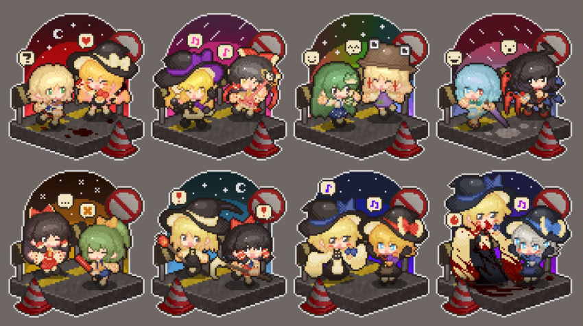 ! ... 6+girls ahoge asymmetrical_wings black_eyes black_hair black_hat black_skirt black_vest blonde_hair blood blood_splatter blue_bow blue_eyes blue_wings bow brown_hat buttons chibi closed_eyes cookie_(touhou) cross daiyousei diyusi_(cookie) dual_persona frog_hair_ornament full_body gogogo_(cookie) green_eyes green_hair grey_background grey_hair hair_ornament hairbow hakurei_reimu hat hat_bow heterochromia high_ponytail highres holding holding_scythe holding_torch houjuu_nue isometric joker_(cookie) kaibara_elena_(cookie) kaiten_gunshuu_no_kage kirisame_marisa kochiya_sanae long_hair looking_at_another medium_bangs medium_hair meguru_(cookie) meimei_(cookie) mioto_(cookie) mizuhashi_parsee moriya_suwako multiple_girls musical_note noel_(cookie) one_eye_closed open_mouth paseri_(cookie) pixel_art pointy_ears red_bow red_eyes red_wings rei_(cookie) road road_sign sananana_(cookie) scythe short_hair sign simple_background skirt skirt_set sleeves_past_fingers sleeves_past_wrists smile spoken_ellipsis spoken_exclamation_mark spoken_expression spoken_musical_note spoken_x suzu_(cookie) tatara_kogasa togashi_(cookie) torch touhou traffic_barrier traffic_baton traffic_cone vest wand white_bow wings witch_hat yellow_bow yin_yang yuuhi_(cookie)