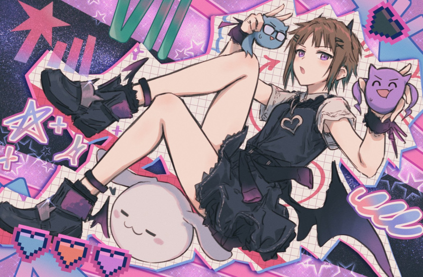 3girls ^_^ anklet arrow_(symbol) asahi_rokka bad_id bad_twitter_id bang_dream! bare_legs bat_wings black-framed_eyewear black_dress black_footwear black_wrist_cuffs brown_hair bullfalk check_commentary closed_eyes commentary_request cone_horns dress drop_shadow full_body hair_ornament hairclip heart heart_necklace highres holding holding_head horns jewelry looking_at_viewer multiple_girls necklace oerba_yun_fang open_mouth pixel_heart pixelated ponytail purple_eyes shirt short_dress short_hair short_sleeves sidelocks signal_bar skin_fang small_sweatdrop solo_focus sparkle star_(symbol) starry_background stuffed_animal stuffed_rabbit stuffed_toy toyama_asuka triangle_mouth twintails udagawa_ako v v-shaped_eyebrows white_shirt wings wrist_cuffs x_hair_ornament