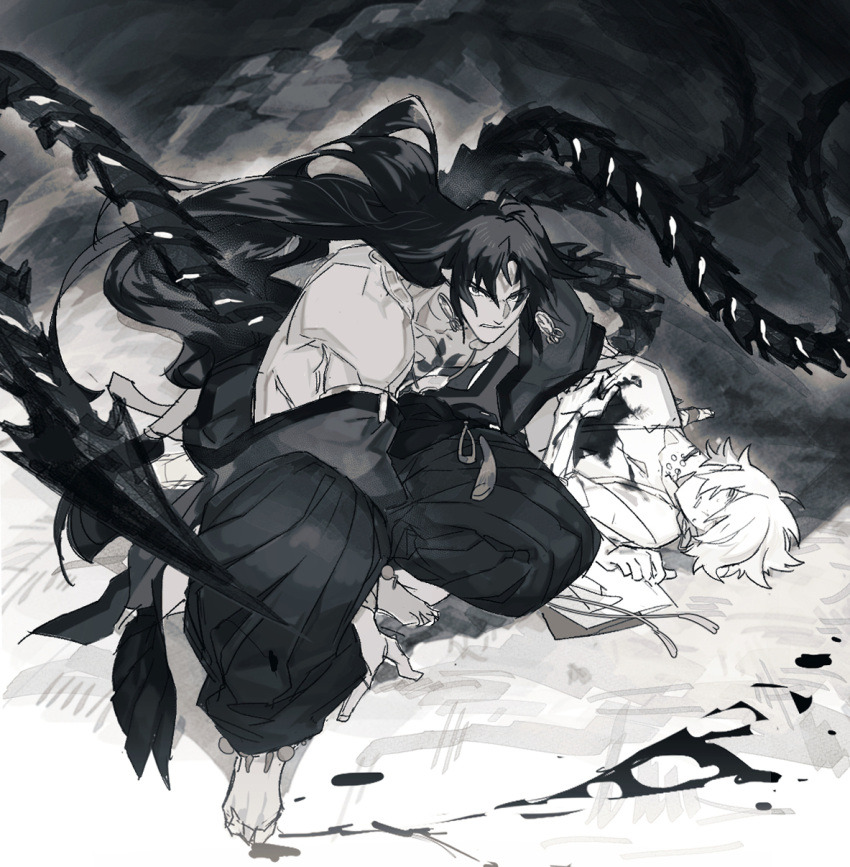 2boys anklet asura_(onmyoji) bare_pectorals bare_shoulders barefoot blood blood_on_clothes chest_tattoo chinese_commentary clenched_teeth closed_mouth commentary_request dark-skinned_male dark_skin earrings facial_mark fingernails flame_tattoo forehead_mark full_body greyscale hakama hakama_pants hands_on_ground haori highres hoop_earrings injury japanese_clothes jewelry jionghai kimono long_hair long_sleeves looking_at_viewer lying male_focus monochrome multiple_boys on_side onmyoji pants pectorals pointy_ears protecting short_hair squatting taishakuten_(onmyoji) tassel tattoo teeth tentacle toes toned toned_male v-shaped_eyebrows very_long_hair wide_sleeves yaoi