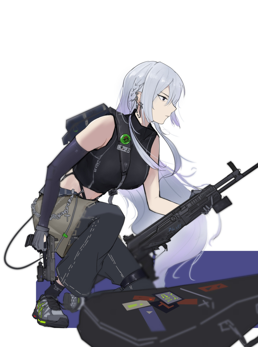 absurdres ak-15 ak-15_(girls'_frontline) assault_rifle backpack bag black_pants black_shirt black_sleeves braid chains commentary concentrating crop_top detached_sleeves earrings english_commentary female floating_hair girls'_frontline gloves green_skirt green_sleeves grey_hair gun hair_between_eyes hair_over_one_eye handgun highres holding holding_gun holding_weapon jewelry kalashnikov_rifle kneeling laser_sight long_hair long_sleeves michaeliadalto9 midriff pants purple_eyes rifle shirt shoes short_sleeves single_braid skirt sleeveless sleeveless_shirt sneakers solo very_long_hair weapon weapon_case