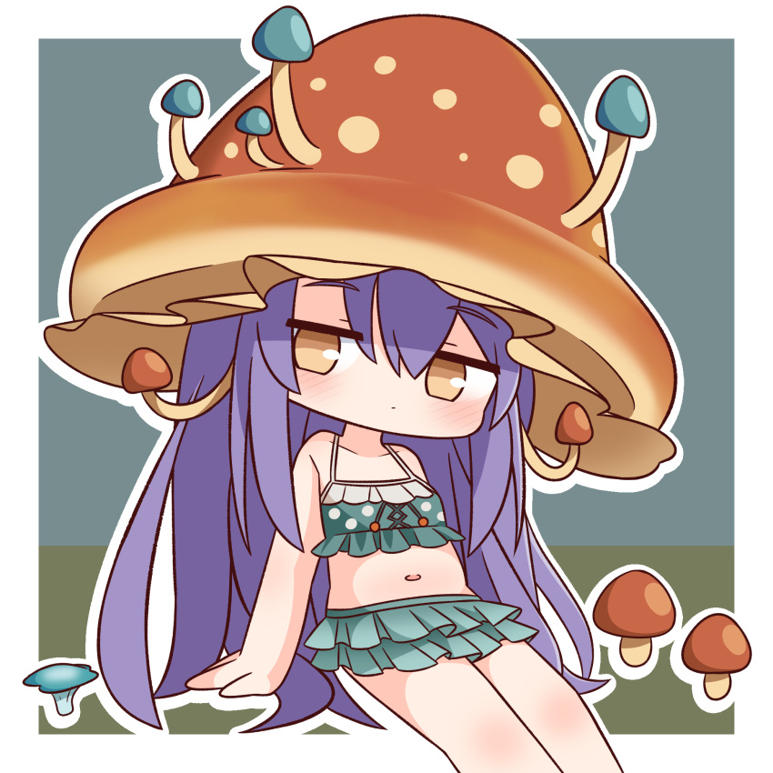 bare_arms bare_shoulders bikini blue_bikini breasts brown_eyes chibi closed_mouth collarbone commentary_request feet_out_of_frame female frilled_bikini frills granblue_fantasy hair_between_eyes hana_kazari highres long_hair looking_at_viewer mushroom mushroom_hat navel outline polka_dot polka_dot_bikini purple_hair sitting sleepy_(granblue_fantasy) small_breasts solo swimsuit very_long_hair white_outline