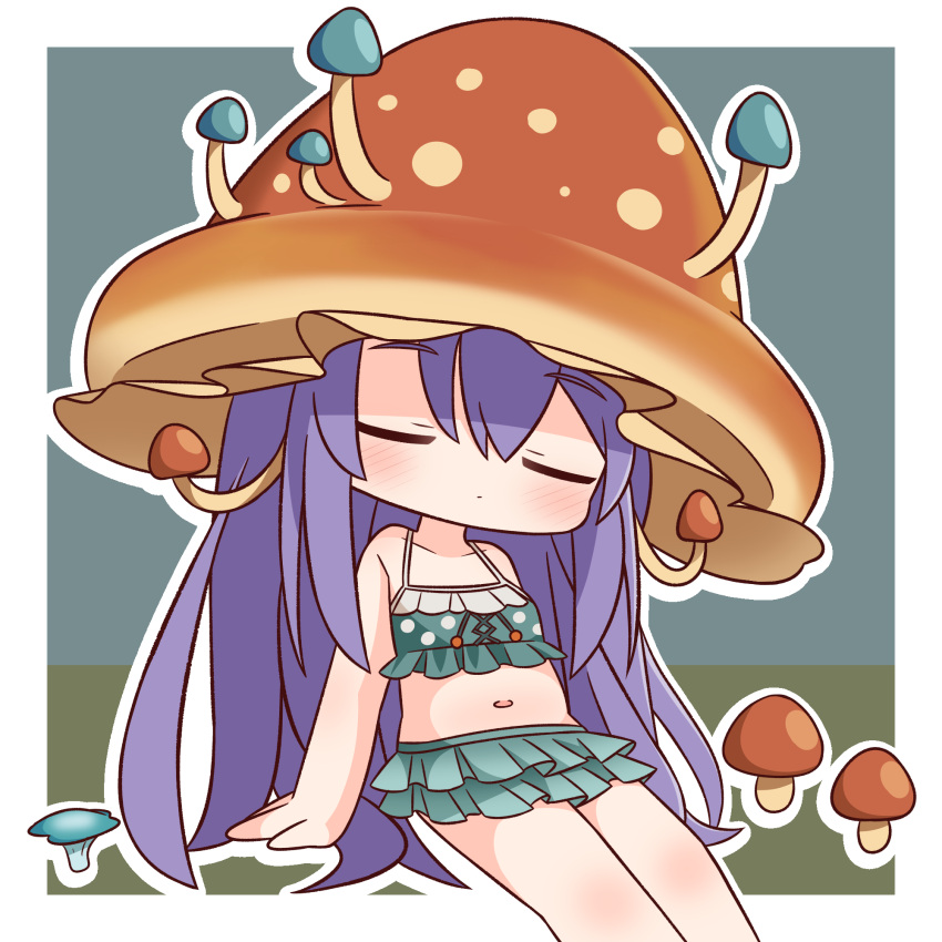 bare_arms bare_shoulders bikini blue_bikini breasts chibi closed_eyes closed_mouth collarbone facing_viewer feet_out_of_frame female frilled_bikini frills granblue_fantasy hair_between_eyes hana_kazari highres long_hair mushroom mushroom_hat navel outline polka_dot polka_dot_bikini purple_hair sitting sleepy_(granblue_fantasy) small_breasts solo swimsuit very_long_hair white_outline