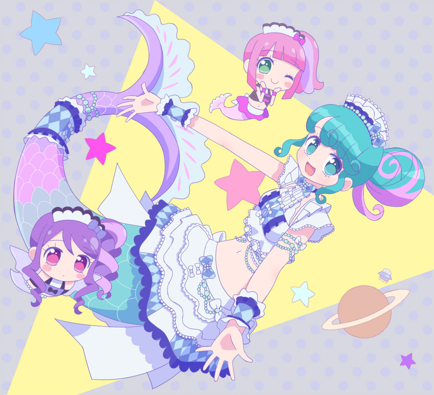 3girls :d blue_eyes blue_hair chibi commentary_request crop_top frilled_skirt frills green_eyes grey_background hair_bun hands_on_own_face hands_up junon_(pripara) kanon_(pripara) ku_(residual666) long_hair looking_at_viewer maid maid_headdress mermaid mini_person minigirl monster_girl multicolored_hair multiple_girls navel one_eye_closed open_mouth outstretched_arms pink_hair pinon_(pripara) polka_dot polka_dot_background pretty_series pripara purple_eyes purple_hair saturn_(planet) side_ponytail sidelocks single_side_bun skirt smile star_(symbol) streaked_hair summer_maid_coord triangle unconventional_maid white_skirt wrist_cuffs