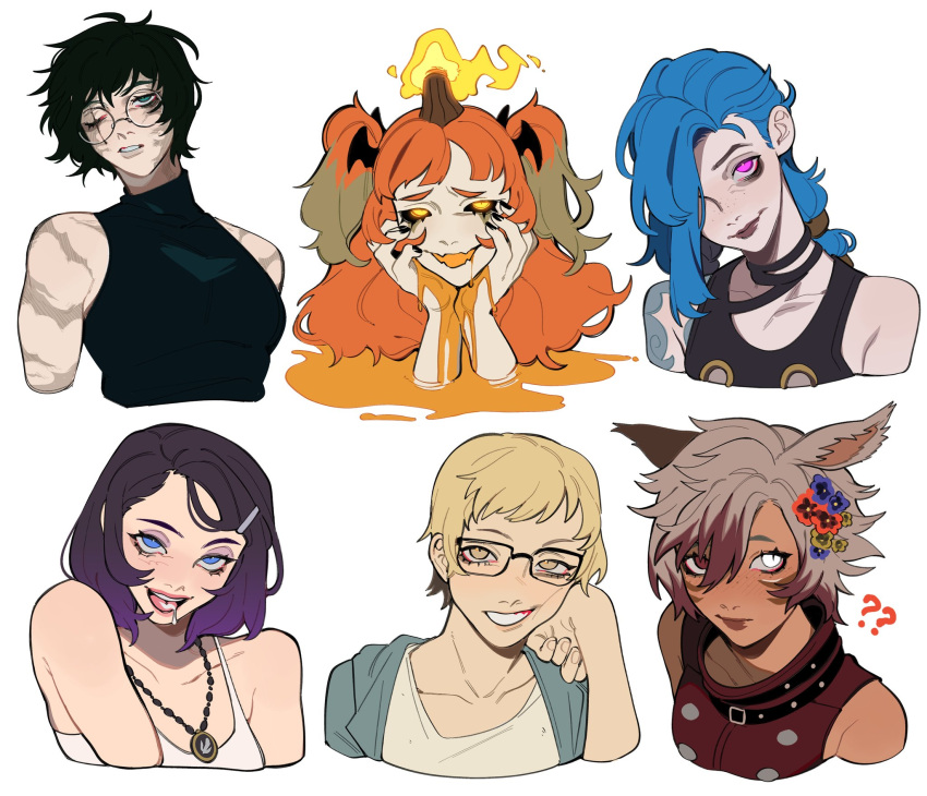 6+girls ? ?? animal_ears arcane:_league_of_legends arcane_jinx bare_arms bat_hair_ornament black_hair black_sclera black_shirt blue_eyes blue_hair blunt_bangs bob_cut borrowed_character bright_pupils burn_scar chainsaw_man character_request closed_mouth colored_sclera facepaint fiery_hair flower freckles glasses glowing glowing_eyes green_hair grey_hair grin hair_flower hair_ornament hair_over_one_eye hands_on_own_face head_tilt heterochromia highres jackie_lanturne_(porqueloin) jewelry jinx_(league_of_legends) jujutsu_kaisen league_of_legends long_hair monster_girl multicolored_hair multiple_girls muscular muscular_female necklace one_eye_closed open_mouth orange_blood orange_eyes orange_hair original parted_lips pilot_(titanfall_2) pink_eyes porqueloin purple_hair purple_lips rectangular_eyewear red_eyes red_hair round_eyewear scar scar_across_eye scars_all_over shirt short_hair simple_background sleeveless sleeveless_shirt smile suggestive_fluid tank_top teeth titanfall_(series) titanfall_2 tongue tongue_out too_many turtleneck twintails two-tone_hair upper_body very_short_hair white_background white_eyes white_pupils white_shirt yellow_eyes yuko_(chainsaw_man) zen'in_maki