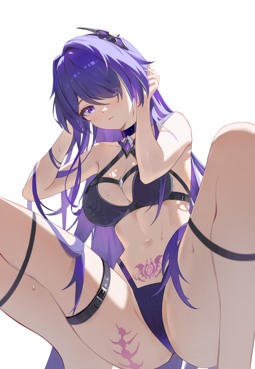 absurdres acheron_(honkai:_star_rail) bare_arms bare_shoulders bikini black_bikini blhazx breasts cleavage commentary_request female hair_ornament hair_over_one_eye highres honkai:_star_rail honkai_(series) long_hair looking_at_viewer medium_breasts multicolored_hair navel pubic_tattoo purple_eyes purple_hair revision simple_background solo squatting stomach streaked_hair swimsuit tattoo thigh_strap thighs very_long_hair white_background