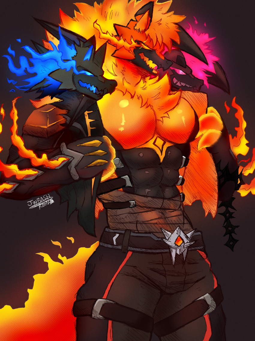 3_heads absurd_res anthro armor artist_name bandage belt belt_buckle big_muscles black_body blue_fire bottomwear bottomwear_down buckle canid canid_demon canine canis cerberus_(fortnite) chains claws clothed clothing colored_fire demon dusk_lycanroc epic_games european_mythology fiery_hair finger_claws fire fortnite fur generation_7_pokemon glistening glistening_body glistening_pecs glowing glowing_body glowing_eyes glowing_mouth greek_mythology hellhound hi_res jwbash kyoto_rex lycanroc male mammal midday_lycanroc midnight_lycanroc multi_head muscular muscular_anthro muscular_male mythological_canine mythological_creature mythology nintendo pecs pokemon pokemon_(species) smile smirk solo undressing undressing_self