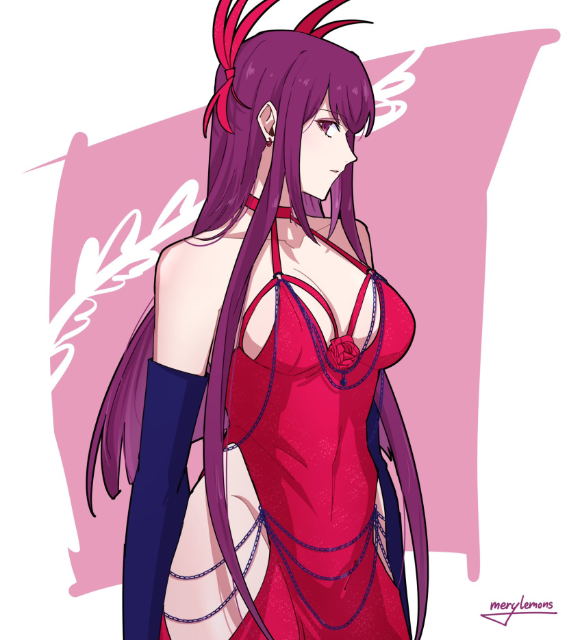 adapted_costume bare_shoulders breasts chains cleavage dress elbow_gloves evening_gown female fire_emblem fire_emblem_engage flower gloves highres hip_vent ivy_(fire_emblem) jewelry large_breasts long_hair looking_at_viewer low_neckline meme_attire merylemons modakawa_dress mole mole_under_mouth purple_eyes purple_hair red_dress rose solo tight_clothes tight_dress very_long_hair