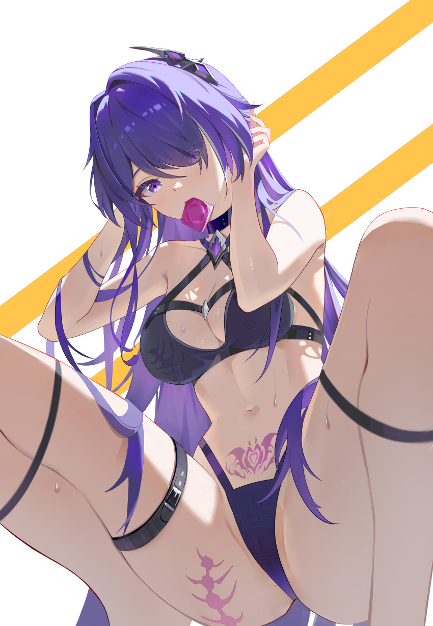 absurdres acheron_(honkai:_star_rail) bare_arms bare_shoulders bikini black_bikini blhazx breasts cleavage commentary_request condom condom_in_mouth condom_wrapper female hair_ornament hair_over_one_eye highres honkai:_star_rail honkai_(series) long_hair looking_at_viewer medium_breasts mouth_hold multicolored_hair navel pubic_tattoo purple_eyes purple_hair revision simple_background solo squatting stomach streaked_hair swimsuit tattoo thigh_strap thighs very_long_hair white_background