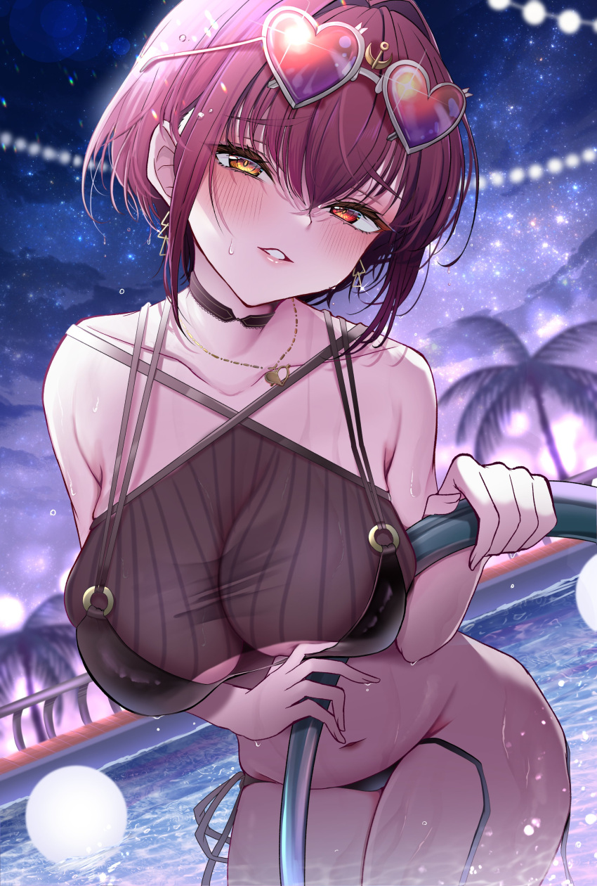 absurdres bare_shoulders bikini black_bikini black_choker blush breasts choker collarbone criss-cross_halter eyewear_on_head female hair_between_eyes halterneck heart heart-shaped_eyewear heart_necklace heterochromia highres hinoki_kahun0 hololive houshou_marine jewelry large_breasts looking_at_viewer navel necklace night pool red_eyes red_hair short_hair smile solo string_bikini sunglasses swimsuit thighs virtual_youtuber yellow_eyes