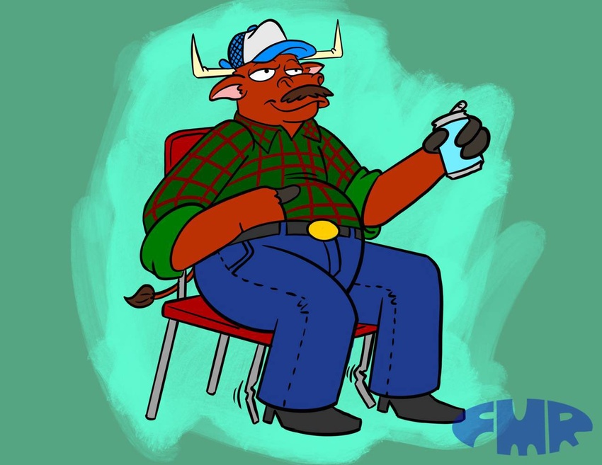 anthro beld bending_chair black_boots black_clothing black_footwear blue_bottomwear blue_clothing blue_hat blue_headwear blue_jeans blue_pants boots bottomwear bovid bovine brown_body brown_fur cattle chair checked_shirt clothed clothing denim denim_bottomwear denim_clothing detailed_background facial_hair footwear foxmanad fully_clothed fur furniture green_background green_button-down_shirt hat headgear headwear horn jeans male mammal moustache overweight overweight_male pants signature simple_background sitting smile solo white_clothing white_hat white_headwear