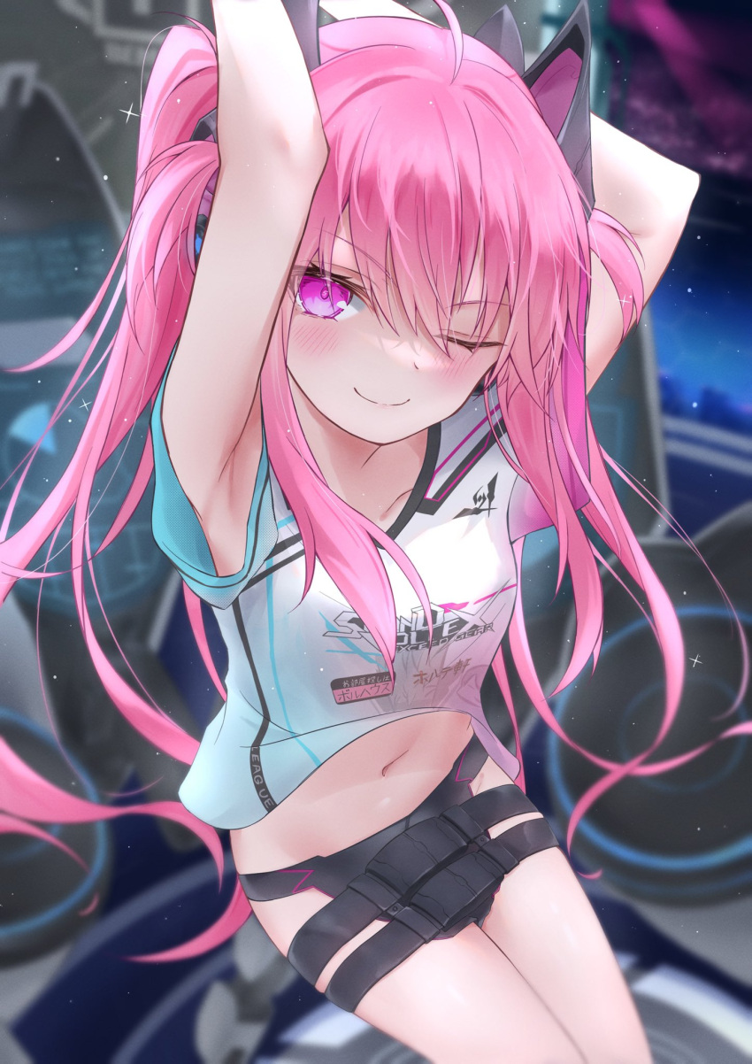 ahoge armpits arms_up belt black_headphones blush breasts female grace_(sound_voltex) headphones highres hip_vent kowaku long_hair navel one_eye_closed pink_hair purple_eyes shirt short_sleeves small_breasts sound_voltex stomach t-shirt thighs twintails