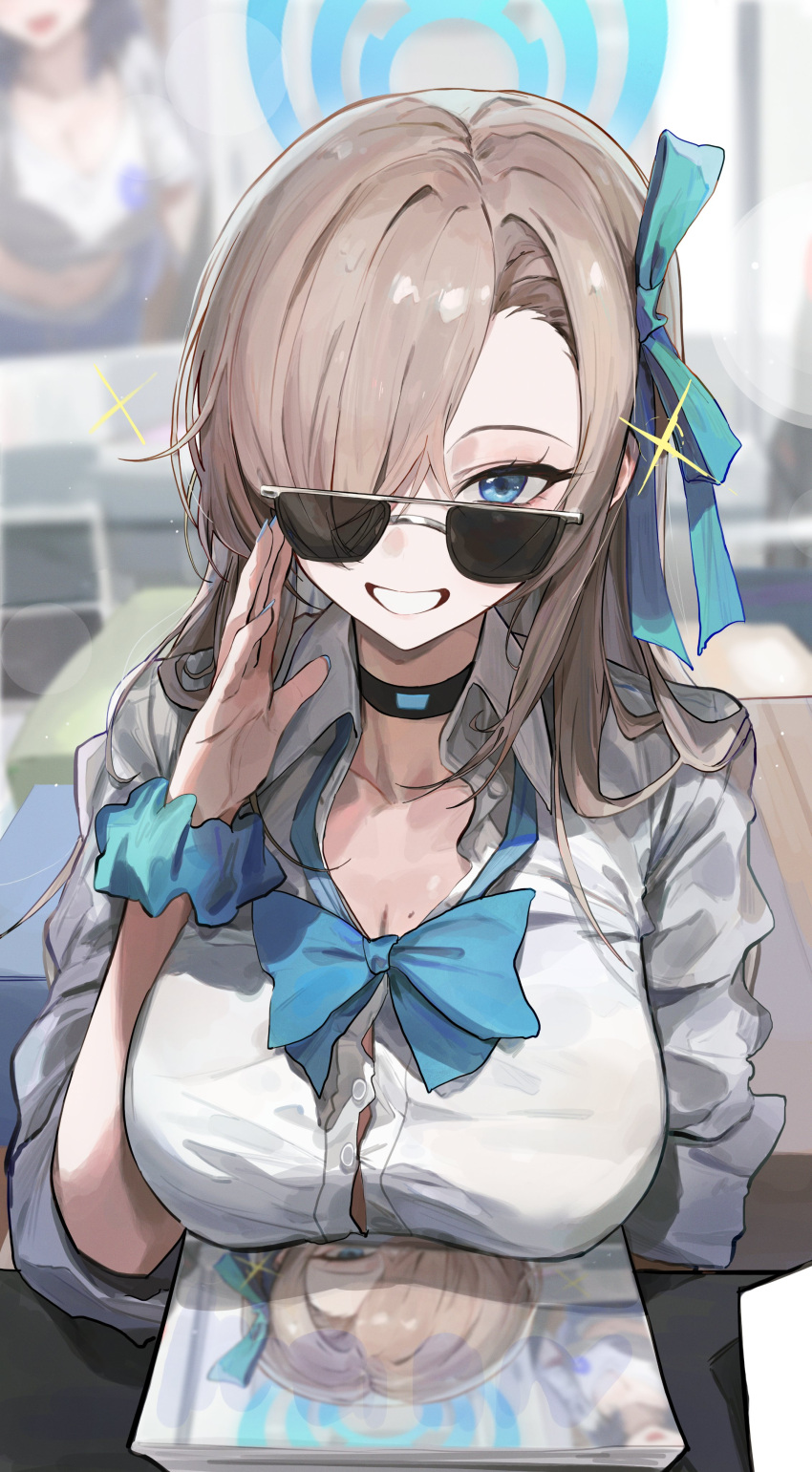 absurdres adjusting_eyewear annotated asuna_(blue_archive) asymmetrical_bangs blanc_(whit_blanc) blue_archive blurry blurry_background blush bow bowtie breasts bromide button_gap cleavage collarbone commentary drawing_(object) female fingernails hair_over_one_eye hair_ribbon halo hand_on_eyewear highres large_breasts light_brown_hair looking_at_viewer loose_bowtie mole mole_on_breast nail_polish one_eye_covered open_collar recursion ribbon school_uniform scrunchie shirt smile solo sparkle sunglasses white_shirt wrist_scrunchie yuuka_(blue_archive)