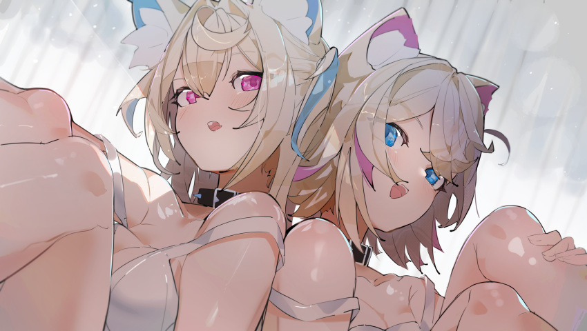 2girls absurdres animal_ear_fluff animal_ears belt_collar black_collar blonde_hair blue_eyes blue_hair breasts closed_mouth collar dog_ears dog_girl fuwawa_abyssgard highres hololive hololive_english large_breasts long_hair looking_at_viewer medium_hair mococo_abyssgard multiple_girls oerba_yun_fang open_mouth pink_eyes pink_hair sakusa_nn shirt siblings sisters skin_fang small_breasts spiked_collar spikes teeth twins two_side_up upper_teeth_only virtual_youtuber white_shirt