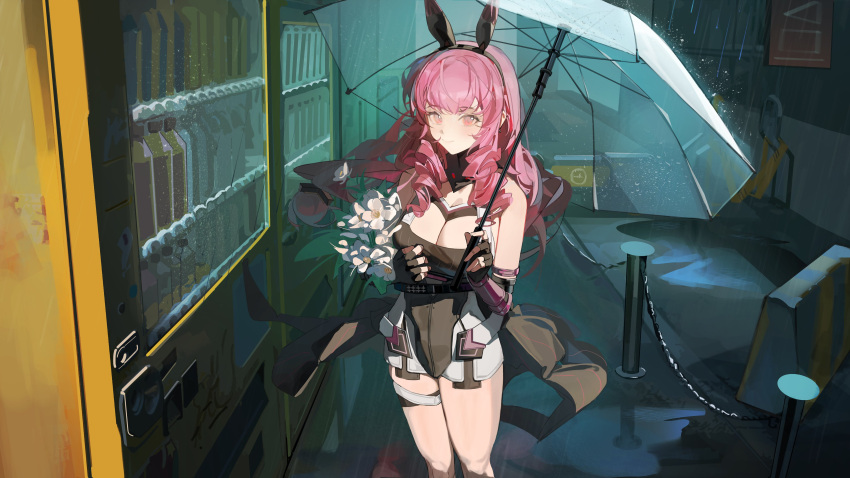 absurdres animal_ears ayla:_kaleido_(punishing:_gray_raven) ayla_(punishing:_gray_raven) bare_shoulders bottle breasts cleavage drill_hair drill_sidelocks fake_animal_ears female fingerless_gloves flower gloves highres holding holding_flower holding_umbrella large_breasts long_hair looking_at_viewer mechanical_arms outdoors pink_eyes pink_hair punishing:_gray_raven rabbit_bow rabbit_ears rain rosehip_t72 side_drill sidelocks smile solo thigh_strap umbrella vending_machine white_flower