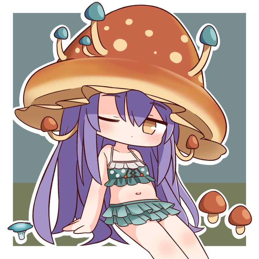 bare_arms bare_shoulders bikini blue_bikini breasts brown_eyes chibi closed_mouth collarbone feet_out_of_frame female frilled_bikini frills granblue_fantasy hair_between_eyes hana_kazari highres long_hair looking_at_viewer mushroom mushroom_hat navel one_eye_closed outline polka_dot polka_dot_bikini purple_hair sitting sleepy_(granblue_fantasy) small_breasts solo swimsuit very_long_hair white_outline