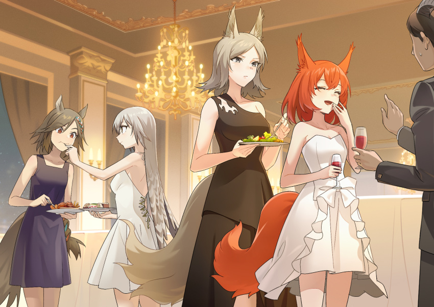 4girls :d ^_^ animal_ear_fluff animal_ears arknights ashlock_(arknights) black_dress breasts brown_hair chandelier cleavage closed_eyes collarbone commentary_request cup curtains dress drinking_glass fartooth_(arknights) flametail_(arknights) grey_eyes grey_hair hair_between_eyes highres holding holding_cup horns indoors liang_chan_xing_make_tu multiple_girls orange_hair purple_dress red_eyes single_strap small_breasts smile standing strapless strapless_dress swept_bangs tail white_dress wild_mane_(arknights) window wine_glass