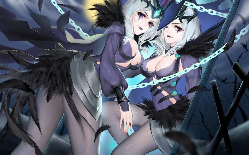 2girls black_feathers black_lips breasts chains cleavage clone come_hither commentary_request drill_hair feathers highres league_of_legends leblanc_(league_of_legends) lipstick looking_at_viewer makeup medium_breasts multiple_girls one_eye_closed purple_eyes qidai ravenborn_leblanc short_hair tiara twin_drills white_hair