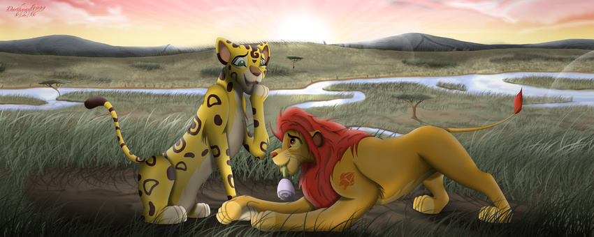 absurd_res aged_up alpha_rain cheetah disney duo felid feline female feral flower fuli guard hi_res kion_(the_lion_guard) kneeling lens_flare lion love male mammal pantherine plant proposal river smile sunset the_lion_guard the_lion_king