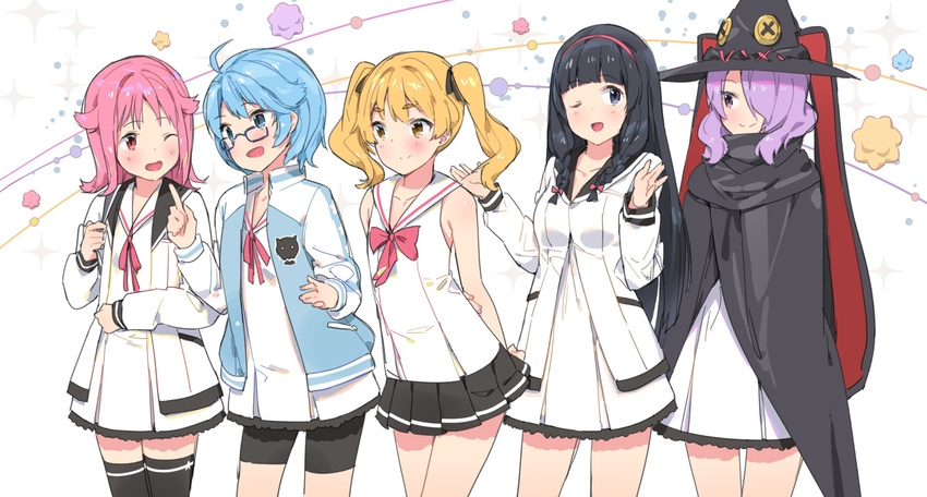 5girls :d ;d ahoge aoi_(houkago_no_pleiades) arms_behind_back bike_shorts black_cloak black_eyes black_hair black_legwear blonde_hair blue_eyes blue_hair blunt_bangs blush bow braid cloak closed_mouth collarbone commentary_request cowboy_shot ddal dress eye_contact glasses hair_flaps hair_ornament hair_over_one_eye hairband hat highres hikaru_(houkago_no_pleiades) houkago_no_pleiades index_finger_raised itsuki_(houkago_no_pleiades) jacket long_hair long_sleeves looking_at_another multiple_girls nanako_(houkago_no_pleiades) one_eye_closed open_mouth pink_eyes pink_hair pleated_skirt pleiadean purple_eyes purple_hair red_bow red_ribbon ribbon school_uniform serafuku short_hair skirt sleeveless smile sparkle standing subaru_(houkago_no_pleiades) talking thick_eyebrows thighhighs twin_braids twintails white_dress witch_hat yellow_eyes