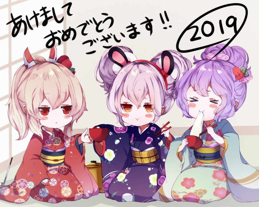 2019 3girls alternate_costume animal_ears ayanami_(azur_lane) azur_lane bad_id bad_twitter_id blush bowl chopsticks closed_mouth commentary_request eating food green_kimono hair_between_eyes hair_ornament headband holding japanese_clothes javelin_(azur_lane) kimono laffey_(azur_lane) laffey_(snow_rabbit_and_candy_apple)_(azur_lane) long_sleeves multiple_girls official_alternate_costume open_mouth purple_hair purple_kimono rabbit_ears red_eyes red_kimono seiza short_hair sitting translated white_hair yaekn