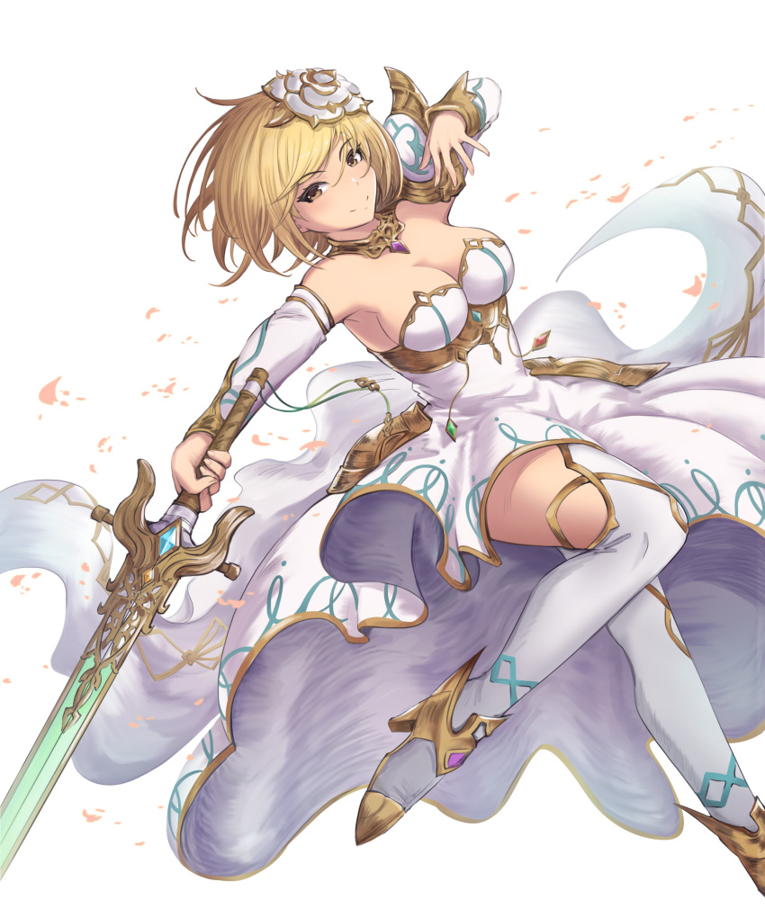 absurdres armor blonde_hair breasts brown_eyes choker cleavage commentary_request detached_sleeves djeeta_(granblue_fantasy) dress female floating_hair glorybringer_(granblue_fantasy) granblue_fantasy hair_between_eyes hair_ornament high_heels highres holding holding_sword holding_weapon looking_at_viewer medium_breasts pauldrons photoshop_(medium) shoulder_armor simple_background smile solo strapless strapless_dress sword thighhighs weapon white_background white_dress white_thighhighs yuki7128