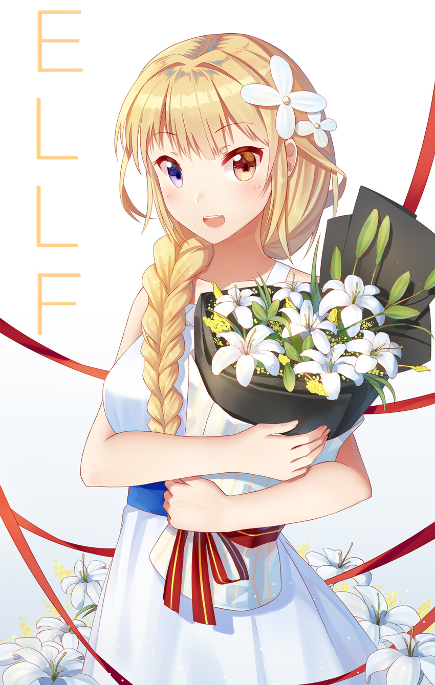 :d blonde_hair bouquet braid chinese_commentary collarbone commentary_request dress female flower hair_flower hair_ornament hair_over_shoulder heterochromia highres holding holding_bouquet hugging_object jeanne_d'arc_(warship_girls_r) ji_dao_ji lily_(flower) long_hair looking_at_viewer open_mouth orange_eyes purple_eyes red_ribbon ribbon sash single_braid sleeveless sleeveless_dress smile solo striped striped_ribbon warship_girls_r white_dress white_flower yellow_flower