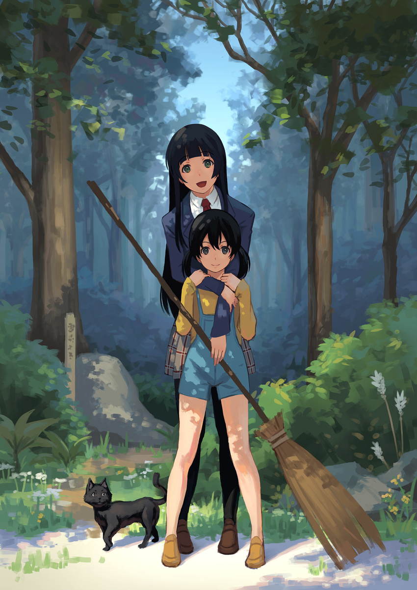 2girls :d animal bare_legs behind_another black_cat black_hair black_pantyhose blazer broom brown_footwear bush chito_(flying_witch) closed_mouth collared_shirt commentary_request cousins dappled_sunlight dress_shirt feline flying_witch foliage grass green_eyes hand_on_another's_arm height_difference highres holding holding_another's_arm holding_broom hug hug_from_behind jacket kowata_makoto kuramoto_chinatsu legs_apart loafers long_hair long_sleeves looking_at_viewer miniskirt multiple_girls necktie open_mouth outdoors overalls pantyhose photoshop_(medium) pinakes plaid plaid_skirt pleated_skirt red_necktie revision rock school_uniform shade shirt shoes skirt smile standing sunlight tree twintails white_shirt yellow_footwear