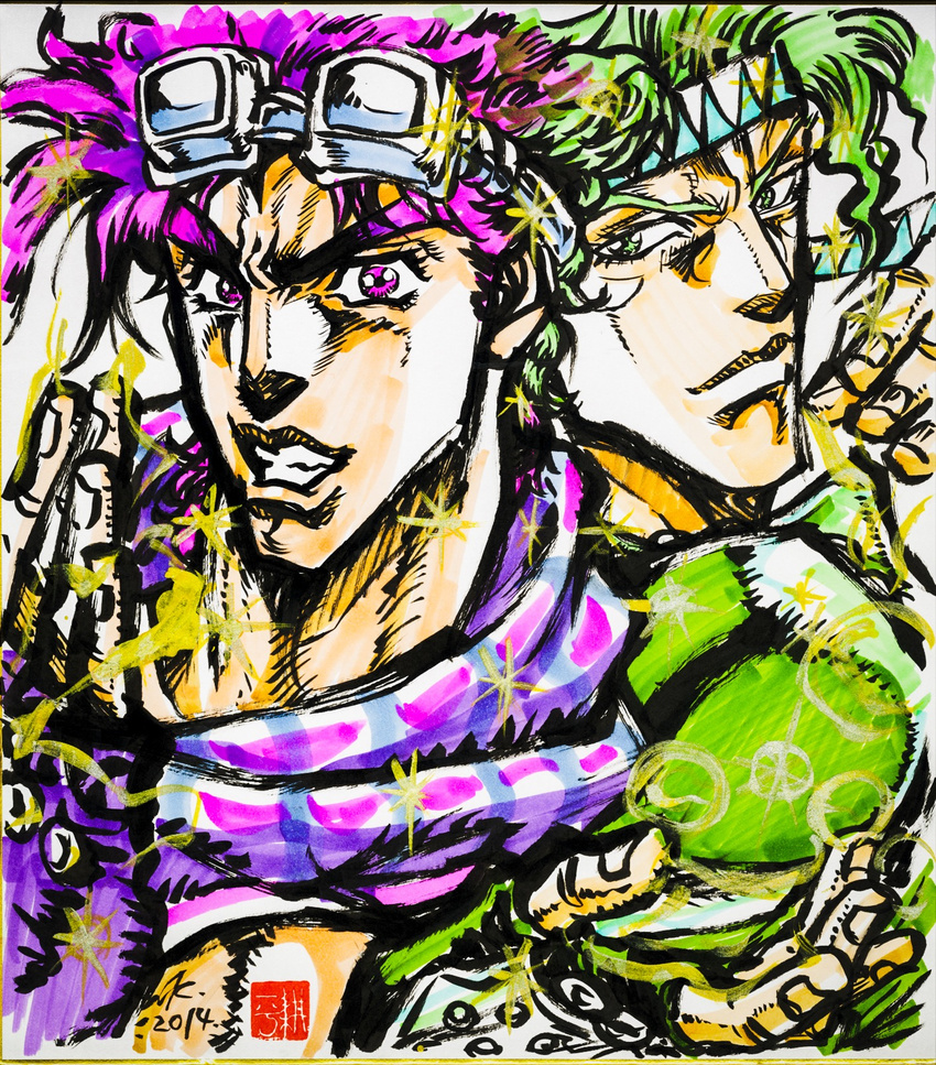 2boys ashiya_kouhei brush_(medium) caesar_anthonio_zeppeli commentary_request goggles goggles_on_head green_hair headband highres jojo_no_kimyou_na_bouken joseph_joestar joseph_joestar_(young) male_focus multiple_boys official_style purple_hair shikishi